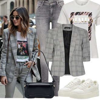 Business Outfits Sportlich mit Weiß/Grau/Creme Wickelshirt/Kurzarm T-Shirt/Ausgefallenes T-shirt/Umstands T-Shirt/T-Shirt Mit Print/Print Shirt Only, Sneaker Puma "Perfektes Büro Outfit"Look: Metallic, Unisex, Vintage, Streetwear, Sportlich, Trendige, Esthetische, Retro, 70er, Uni, Mom, Disco, Coole, Schön, Classic, Casual