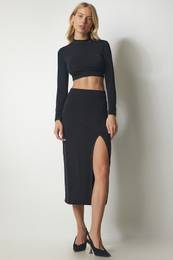 Happiness stanbul Women's Black Sandy Stand-Up Collar Crop Skirt Suit