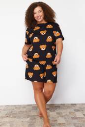 Curve Black Teddy Bear Printed Cotton Knitted Pajama Set