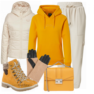 Outfit met geel Laars Rieker "Sportieve winteroutfit"