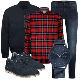 Outfit mit Dunkelblau Slim Fit Jeans/Leder Schuhe/Herren Lederjacke/Lederjacke/Push up Jeans/Thermojeans/Winterjacke/Jeans mit Schlitz/Low Rise Jean/Regular-Fit Jeans Jack & Jones "Cooles Alltagsoutfit"