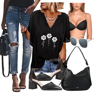 Elegant Outfit mit Schwarz Boho-Bluse/KurzarmBluse/Bluse/Elegante Tunika/ausgefallene tunika/Kurzarm-Tunika/Bluse Oberteil/Tuniken-Shirt Asvivid "Schöner Sommer Look"Look: Casual, Uni, Mom, Hippie, Boho, Cowgirl, Edel, Elegant