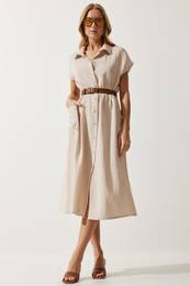 Happiness stanbul Women's Cream Belted Woven Dress