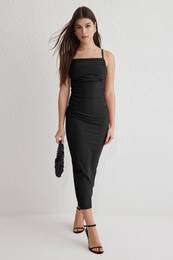 Black Gathered/Draped Detail Bodycone/Body Fitted Maxi Knit Dress