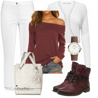 Outfit mit Dunkelrot/Lila/Rot/Bordeaux Klassischer Stiefel/Winter Stiefelette/Leder Stiefelette/Flache Stiefelette/Gefütterte Stiefelette/SchnürStiefelette Rieker "Cooles Herbst Outfit"