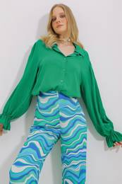 Trend Alaat Stili Women's Green Flounce Sleeve Viscon Woven Shirt