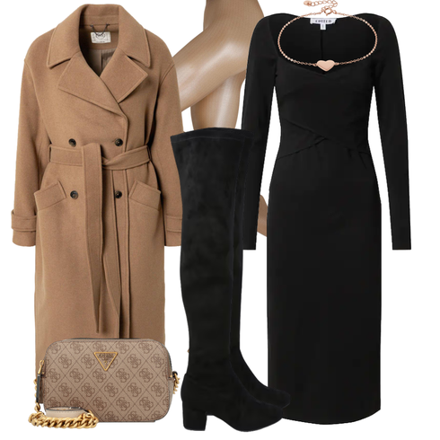 Schwarz Jerseykleid/Langes Strickkleid/Langärmliges Kleid/Langärmliges Winterkleid/Etuikleid/Pulloverkleid/Winter Strickkleid Edited kombinieren mit Schwarz Overknee Stiefel/Flache Overknee Stiefel/Kniehoher Stiefel/Leder Overknee Stiefel/Langer Stiefel About You