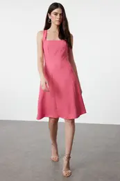 Fuchsia A-Cut Square Neck Mini Woven Dress