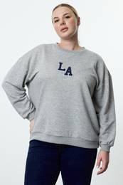 Curve Grey Oversize Embroidery Detailed Crew Neck Knitted Plus Size Sweatshirt