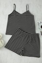 Curve Black Striped Thin Strap Knitted Pajama Set