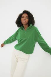 Emerald Green Zipper Detail Fleece Knitted Sweatshirt