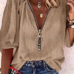 Zipper V-neck Elegant Spring And Autumn Shirt, Elegant And Comfortable, Three-quarter Sleeve Medium Length, Suitable For Vacation, Leisure, Work