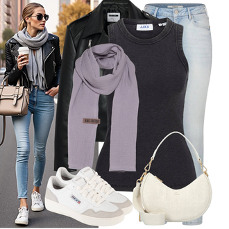 Motor Outfit met zwart/bruin/wit/Crème Biker Jas/KunstLeren Jas/Leren Jas/Jas met Zijrits/Vintage Leren Jas Noisy may "Modieuze lente-outfit"Look: Motor, Paardrijden