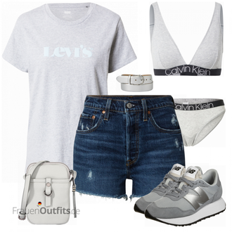 Festival Outfit Coachella mit Blau/Dunkelblau Jeans Short/High Waist Shorts levi's ® "Sommer Look für den Alltag"Look: Konzert, Schule, Festival, Coachella, Malle