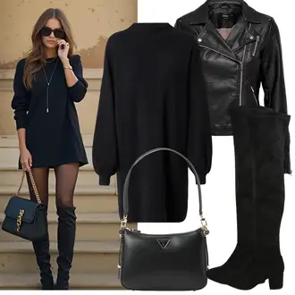 Outfit mit Schwarz Overknee Stiefel/Flache Overknee Stiefel/Kniehoher Stiefel/Leder Overknee Stiefel/Langer Stiefel About You "Frühling outfit"