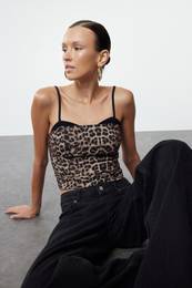 Brown Strappy Bralette Detailed Leopard Patterned Crop Woven Blouse