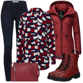 Plateau Mit Absatz Outfit mit Rot/Dunkelrot Klassischer Stiefel/Biker Boot/SpringerStiefel/SchnürStiefel Mustang "Outfit für den Herbst"