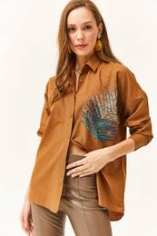 Women's Brown Palm Sequin Detailed Oversize Woven Poplin Shirt