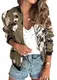Spec4Y Damen Jacke Casual Bomberjacke Langarm Bikerjacke Rundhalsausschnitt Blumendruck Reißverschluss Outwear Herbst Frühling Armee Grün Medium