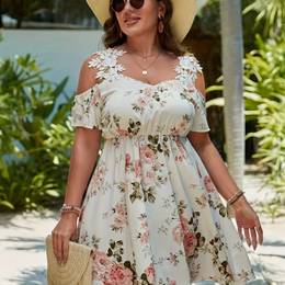 1pc Plus Size Floral Print Dress With Off-shoulder Lace Detail, , Polyester, Non-stretch, , A-line Waist Dress