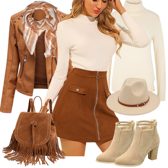 Übergang Outfit mit Beige/Braun/Orange Sommerjacke/Jacke mit Seitlichem Reißverschluss/Vintage Lederjacke/Ajourstrickjacke/Bikerjacke/KunstLederjacke YYNUDA "Modischer Look für den Herbst"