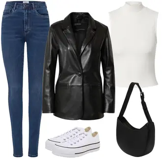 Outfit mit Schwarz/Dunkelgrün/Braun/Grau/Weiß KunstLederjacke/Lederjacke/Vintage Lederjacke/Kunstleder Blazer/Lederblazer Oakwood "Schlichter Freizeitlook"