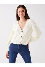 V-Neck Self-Patterned Long Sleeve Women's Knitwear Cardigan