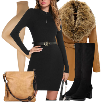 Elegant Outfit mit Schwarz Overknee Stiefel/High Heels Stiefel/Langer Stiefel/Weitschaftstiefel/Kniehoher Stiefel Tamaris "Winterlicher Look"Look: Premium, Schlichte, Elegant, 70er, 20er Jahre, Casual, Feine, Nahtlos, Oversize, Edel, 60er