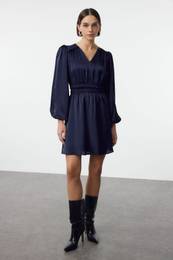 Navy Blue A-Line V-Neck Satin Mini Woven Dress