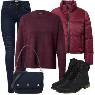 Outfit sa Crna/Plava/TamnoPlava Čizmica Gležnjača na Vezanje/Motociklistička čizma/Klasična čizmica/Podstavljena Gležnjača/Ravna Gležnjača/Borbena Čizma Rieker "Trendi zimski outfit"