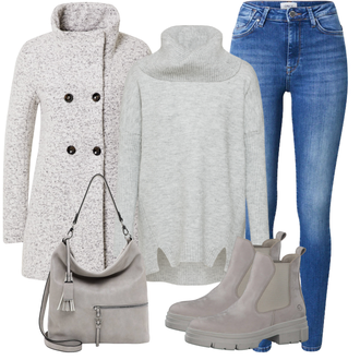 Wasserfall-Ausschnitt Outfit mit Grau/Braun/Beige Bouclé Mantel/Strickfleece Mantel/Strickmantel/Wollfleece Mantel/Wintermantel Wollmantel Only "Modisches Winter Outfit"