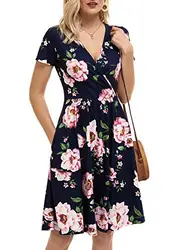 MSBASIC Wickelkleid Damen Sommer Sommerkleider Kleider Damen Sommer Elegant Freizeitkleid V Ausschnitt Medium, Rosa Pfingstrose