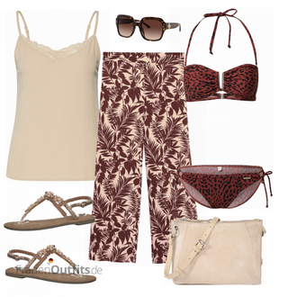 Outfit mit Rot/Bordeaux/Dunkelrot Bandeau-Bikinitop/Balconette-Bikini/Balconette-Bikinitop/Bandeau-Bikini/Bustier Bikini/Herren Leder Gürtel/Push-Up-Bikinitop About You "Urlaub Outfit"