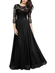 Minetom Damen Spitzenkleider Hochzeit Chiffon Abendkleider Elegant 3/4 Ärmel Maxi Langes Kleid Cocktail Party Ballkleid Brautjungfernkleid C Schwarz 38
