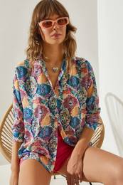 Women's Patterned Long Sleeve Chiffon Crepe Shirt
