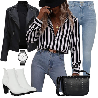 Jeans Outfit mit Weiß/Creme Winter Stiefelette/Klassische Stiefelette/Sommerstiefelette/Gefütterte Stiefelette/Chelsea Boot/Leder Stiefelette/Lederjacke Elara "Modisches Winter Outfit"