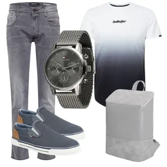 Outfit mit Dunkelblau/Lila/Weiß/Grau/Schwarz/Hellgrau/Gelb Ausgefallenes T-shirt/T-Shirt Training/Shirt/Longshirt/Top Langes Oberteil/T-Shirt & Top Hollister "Alltagsoutfit"
