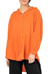 Sublevel Damen Musselin Muslin Basic Long-Bluse Langarm Oversize Baumwolle orange M/L
