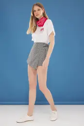Black Bow Detail Elastic Waist High Waist Shorts Woven Skirt