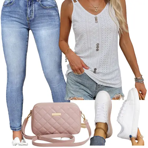 Blau/Hellblau Lederjacke/T-Shirt/Leder Schuhe/Knöchelstiefel/Push up Jeans/Cropped Jeans/Sweatjeans/High Waist Jeans/Schlupfjeans Default kombinieren