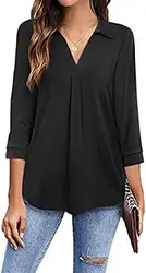 ZIOOER Damen V-Ausschnitt Bluse 3/4 Ärmel Tops Lässige Tunika Bluse Arbeitshemden Freizeitbluse A Schwarz M