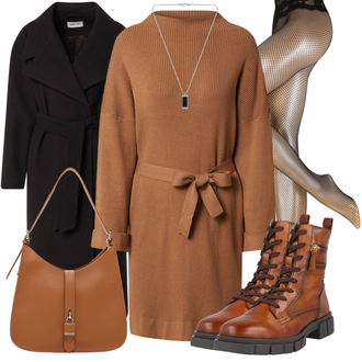 Winter Outfits Mit Gürtel Knielang mit Braun/Beige Kleid Mit Gürtel/Strickkleid/Langärmliges Winterkleid/Pulloverkleid/Rollkragenkleid/Winter Strickkleid Edited "Modisches Winter Outfit"
