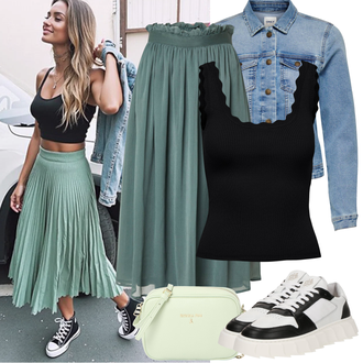 Rock Outfits mit Schwarz Premium Top/Bustier-top/Strick Top/Partytop/Kurzes Oberteil/Ärmelloses Shirt/男鞋/Spaghetti Top JdY, Creme/Weiß/Schwarz Leder Sneaker/Chunky Sneaker/Sneaker Low/Plateau-Sneaker/Schmaler Sneaker/Vintage Sneaker Apple of Eden "Frühling outfit"