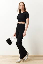 Black Crop Crew Neck Ribbed Stretchy Knitted Blouse and Pants Top and Bottom Set