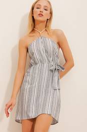 Trend Alaat Stili Women's Gray Halter Neck Striped Linen Dress