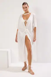 Ecru Maxi Woven Slit Gathered Detail Tie-Up Beach Dress