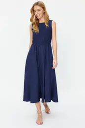 Navy Blue Skirt Waist Opening Gipe Detail 100% Cotton Poplin Midi Woven Dress