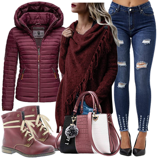 Outfit mit Dunkelrot/Bordeaux/Rot/Lila Klassischer Stiefel/Vintage Stiefel/Gefütterte Stiefelette/Vintage Stiefelette/SchnürStiefelette Rieker "Perfekt Für Den Herbst"