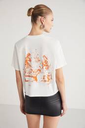 Fina Women's Back Print Detail Regular Fit Crew Neck 100% Organic Cotton Ecru T-shirt