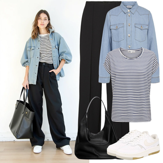 Outfit sa Crna Hlače Visokog Struka/Hlače s Prorezom/Poslovna Hlača/Hlače s prednjim naborom/Široka Hlača/Ravna Hlača/Bootcut Hlača/Marlene Hlača/Hlača od Odijela VERO MODA "Outfit za proljeće"